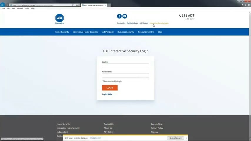 ADT interactive security login window